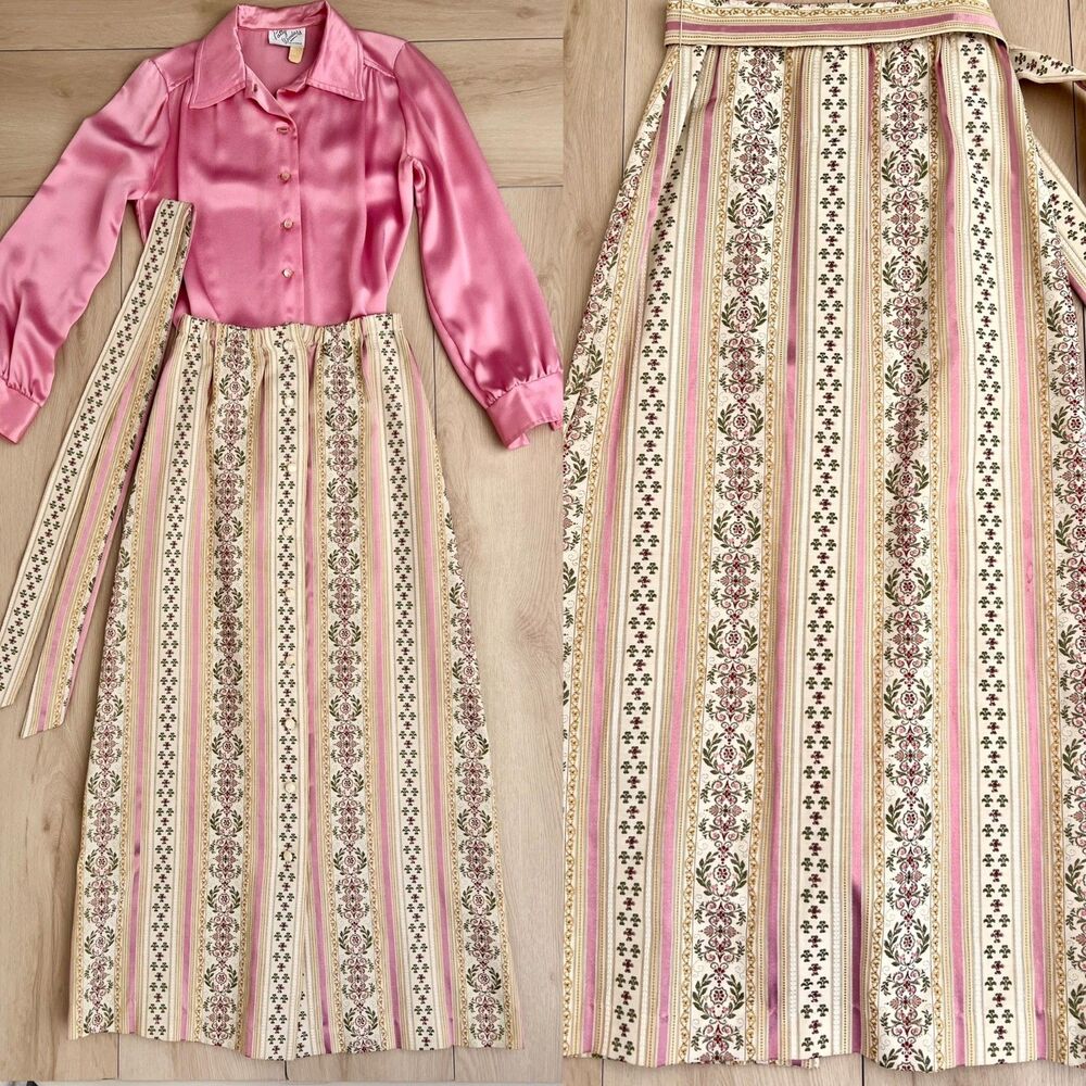 Vintage 70s Patty Woodard Coordinate Set Blouse & Long Brocade Belted Skirt Sz 8